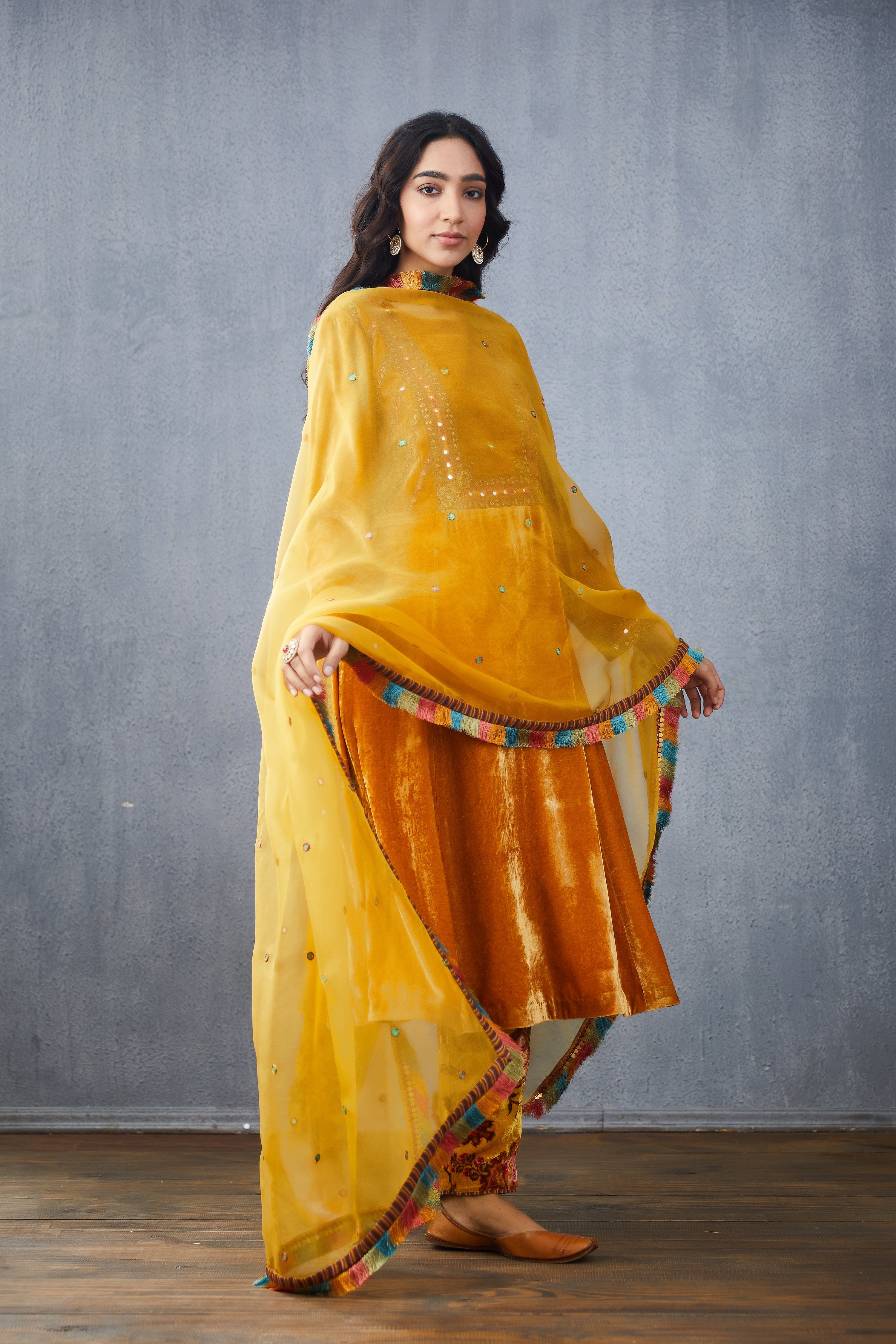 Mustard KURTA SET with silk organza dupatta