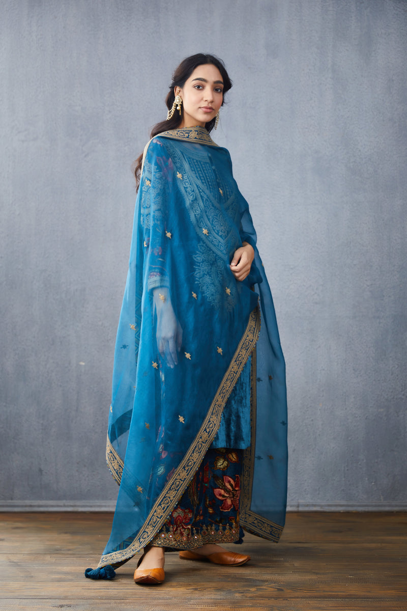 Blue Embroidered kurta set in Silk Velvet with Silk Organza Dupatta