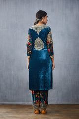 Blue kurta with Salwar in Silk Velvet with hand embroidery