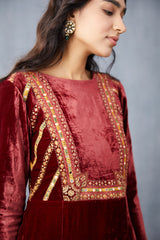 hand-embroidery Maroon Kurta Set in Silk velvet