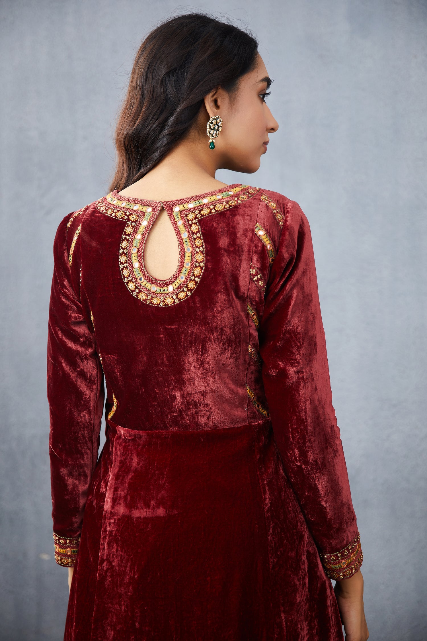 hand embroidered Maroon Kurta Set in Silk velvet