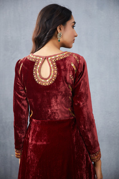 hand embroidered Maroon Kurta Set in Silk velvet
