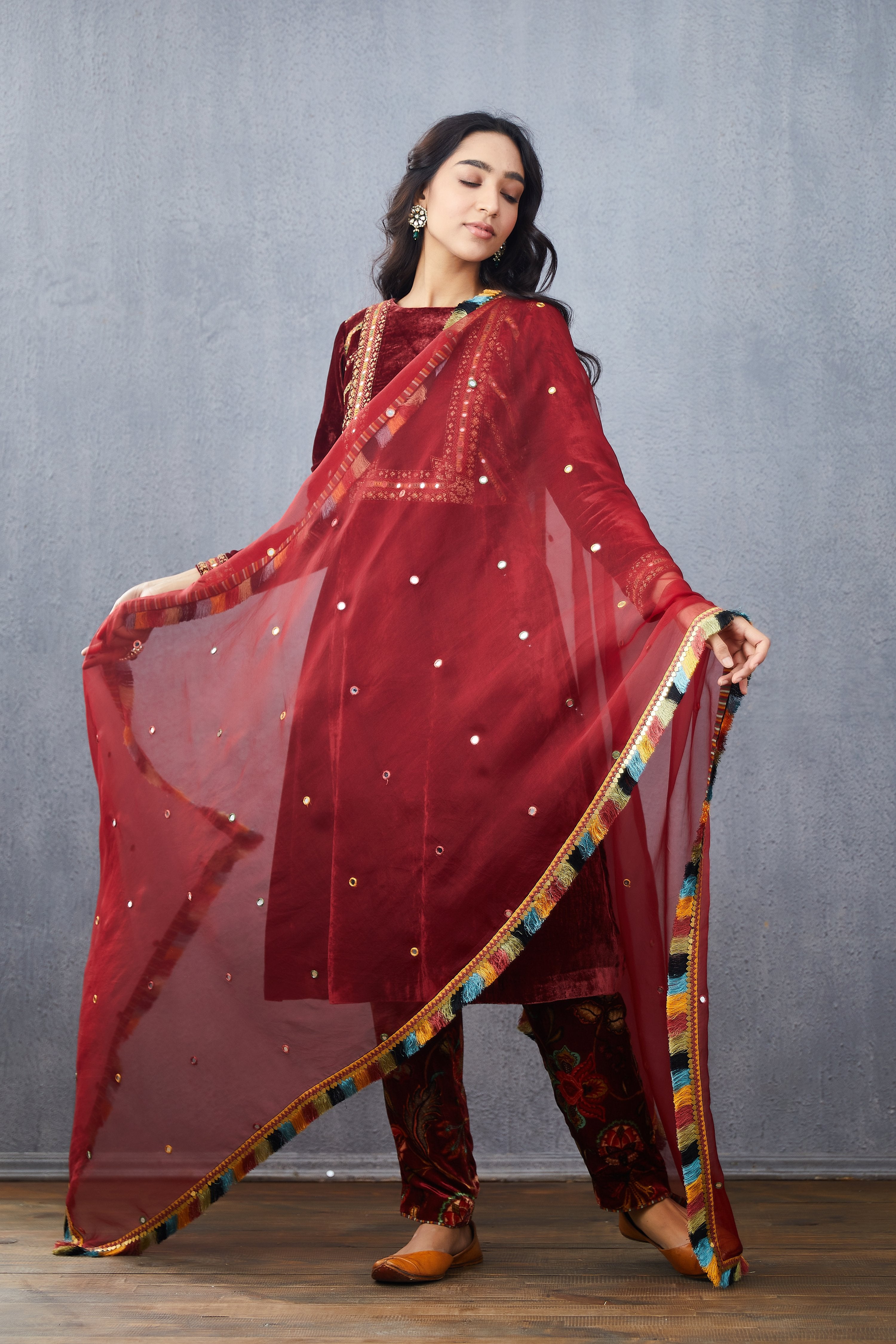 hand embroidered silk velvet Kurta Set with Odhni in Silk Organza