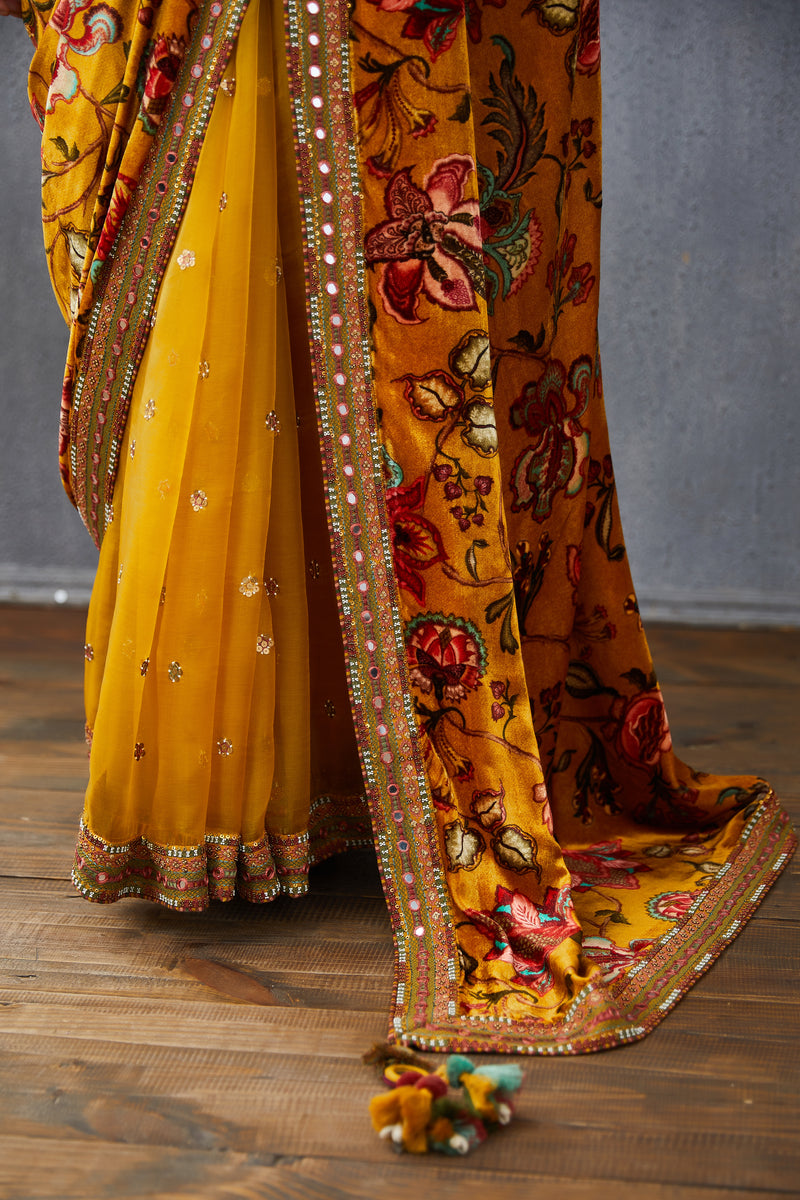 Mustard Silk organza saree with Silk Velvet pallu