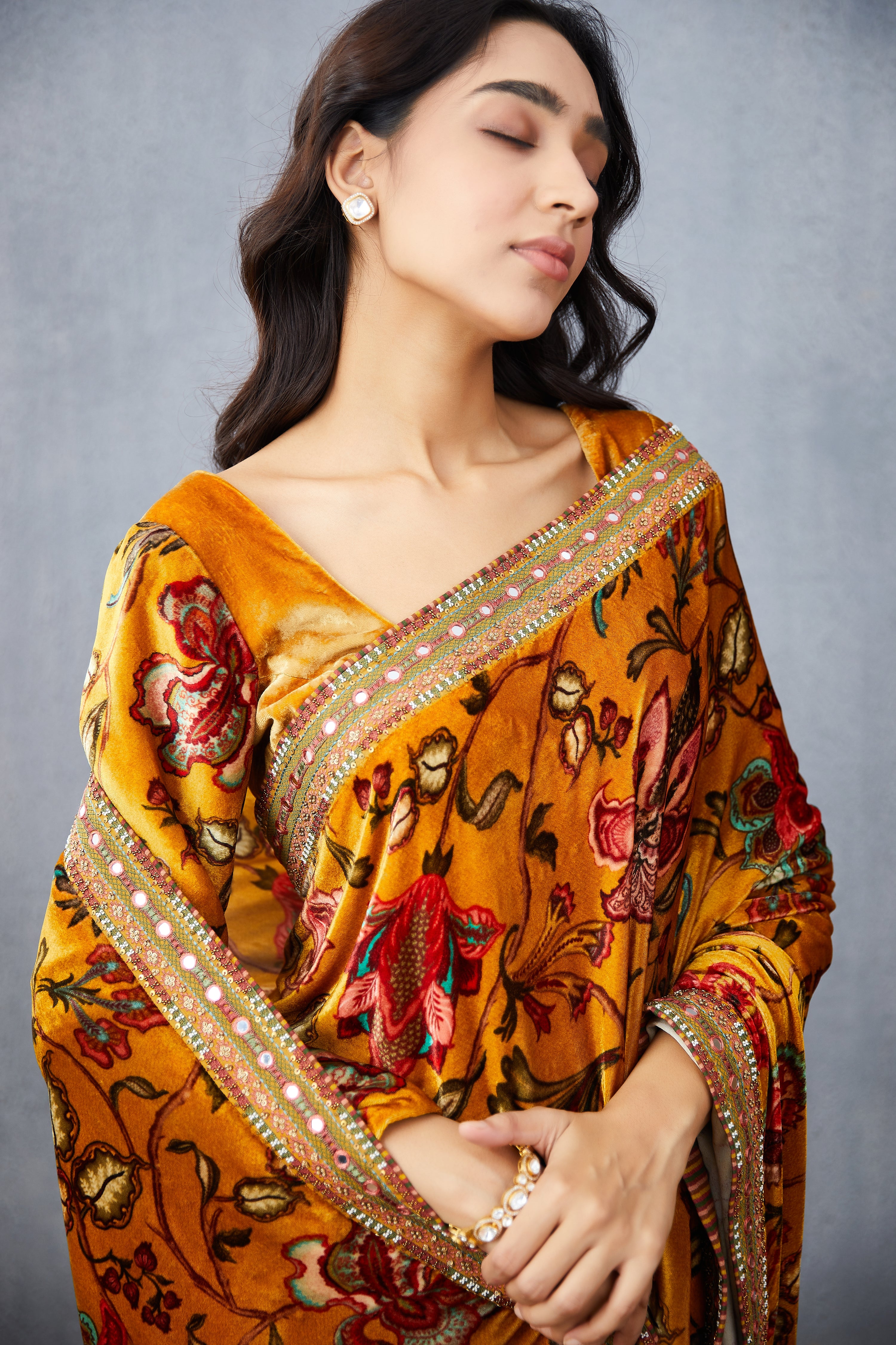 Mustard Yellow Silk organza saree with Silk Velvet Pallu
