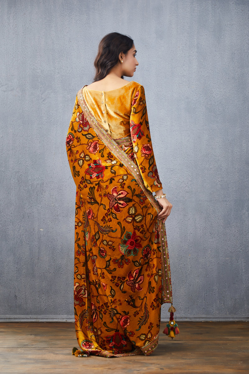 Digital printed Mustard saree in Silk Velvet