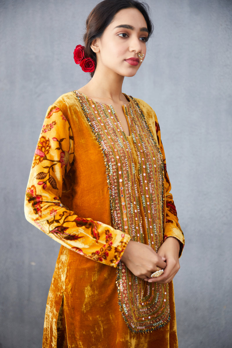 Silk Velvet kurta set with hand embroidery
