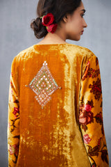Mustard Silk Velvet kurta salwar with hand embroidery