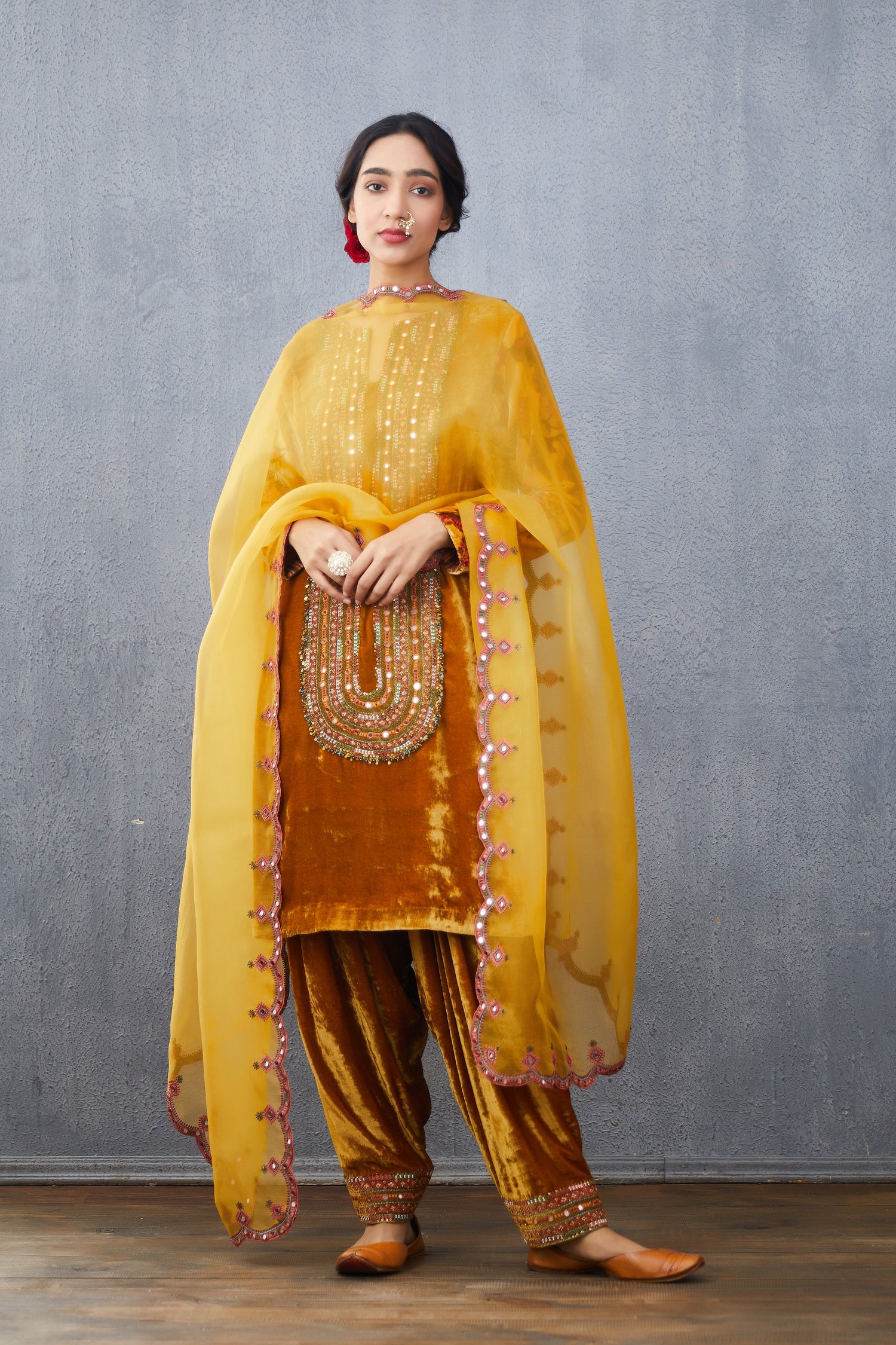 Silk Velvet kurta set with hand embroidery &amp; dupatta in silk organza
