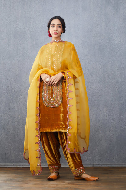 Silk Velvet kurta set with hand embroidery &amp; dupatta in silk organza