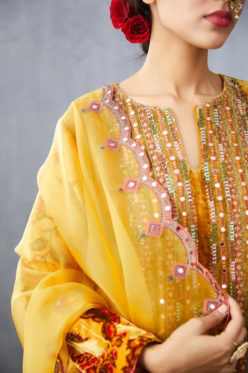 Silk Velvet kurta set with silk organza dupatta