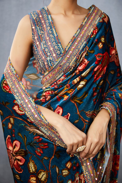 digital printed Silk Velvet SAREE with silk organza border