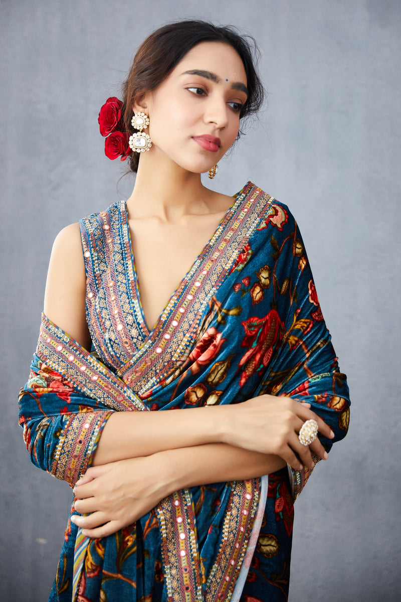 digital printed Silk Velvet SAREE with Hand Embroidery