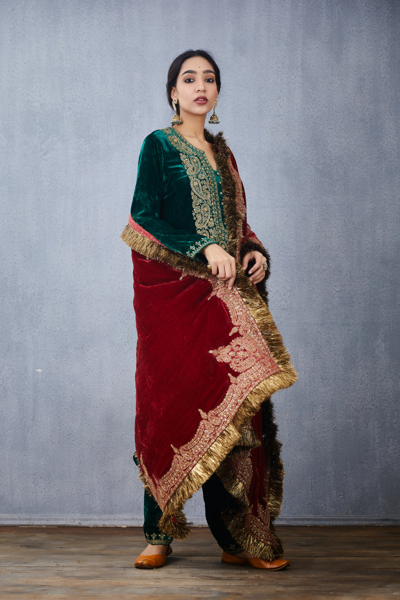 Red Silk Velvet dupatta with Hand Embroidery