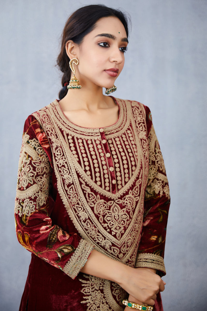 Silk Velvet KURTA SET with Hand Embroidery