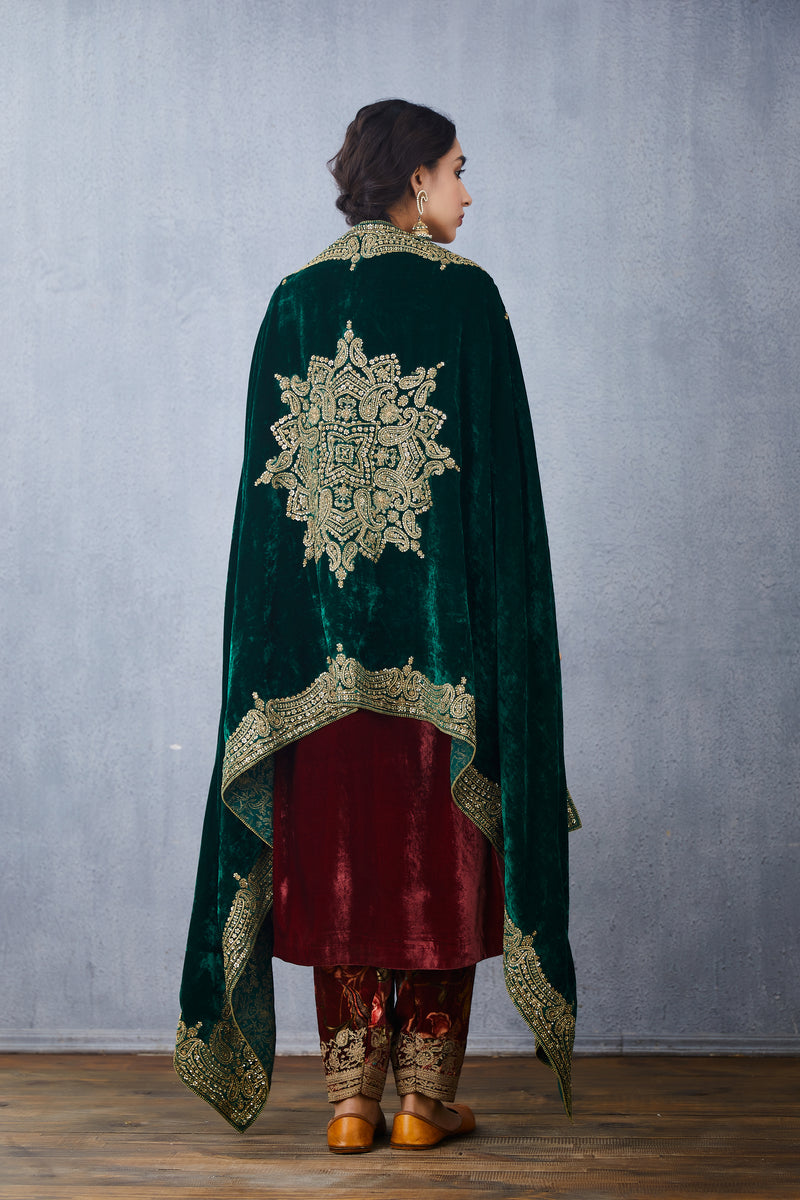 Green Silk Velvet dupatta with Hand Embroidery & sequin work