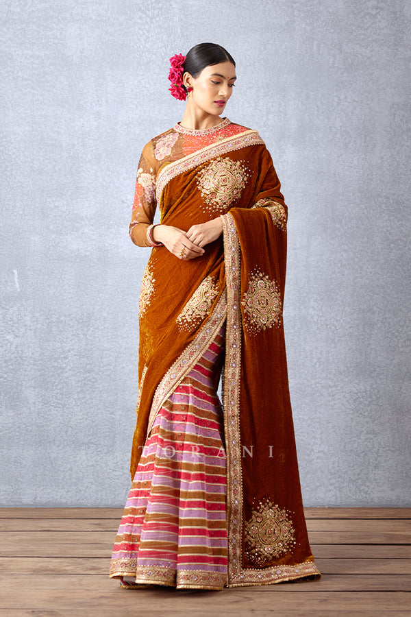 Ochre Yellow Gota Highlighted Stripe Printed Pre-stitched Saree in Silk Velvet with Hand Embroidered Boota and Border