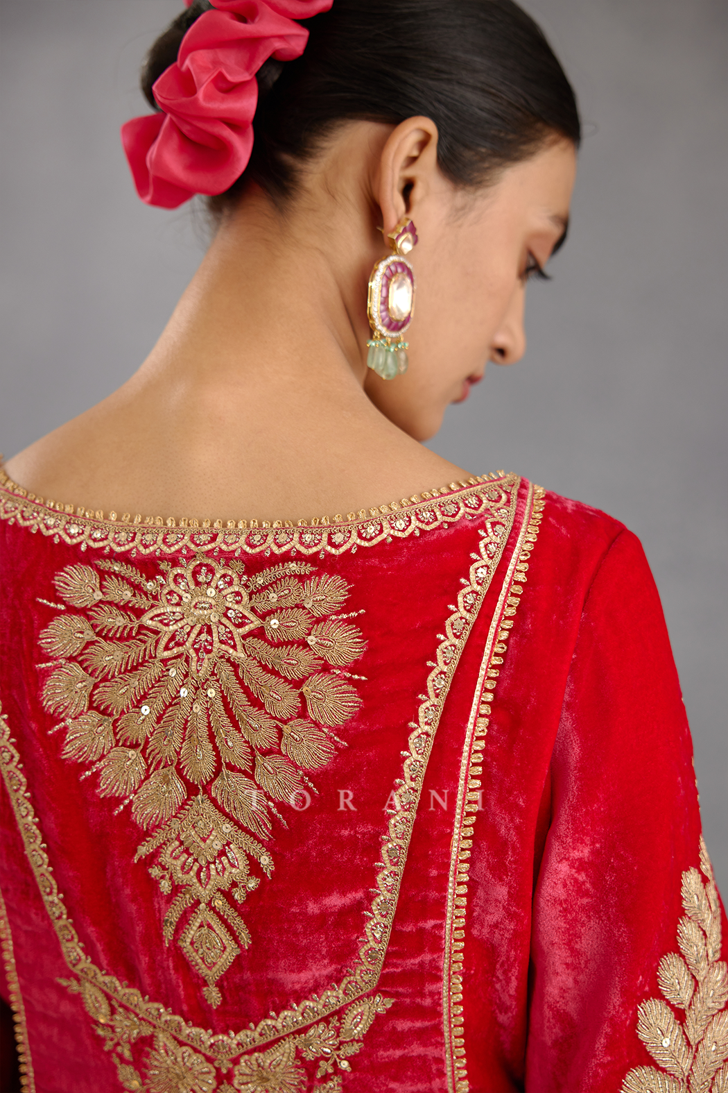 Fiery Pink Heavy Embroidered Short Kurta Set in Silk Velvet