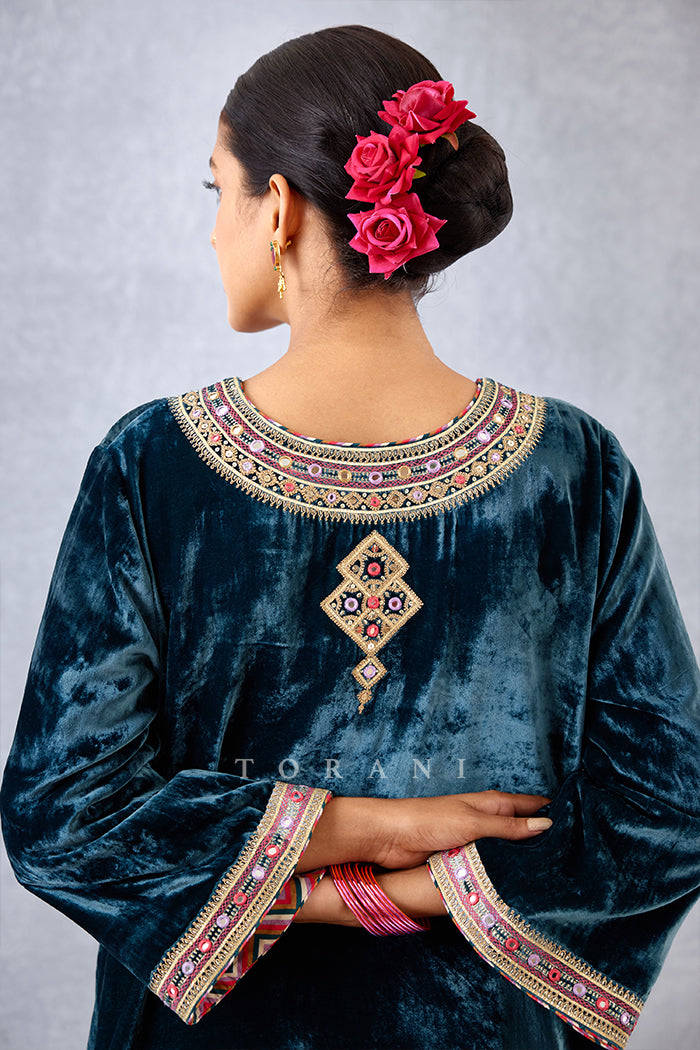 Navy Blue Velvet Kurta Payjama in Silk Velvet with Hand Adda Work
