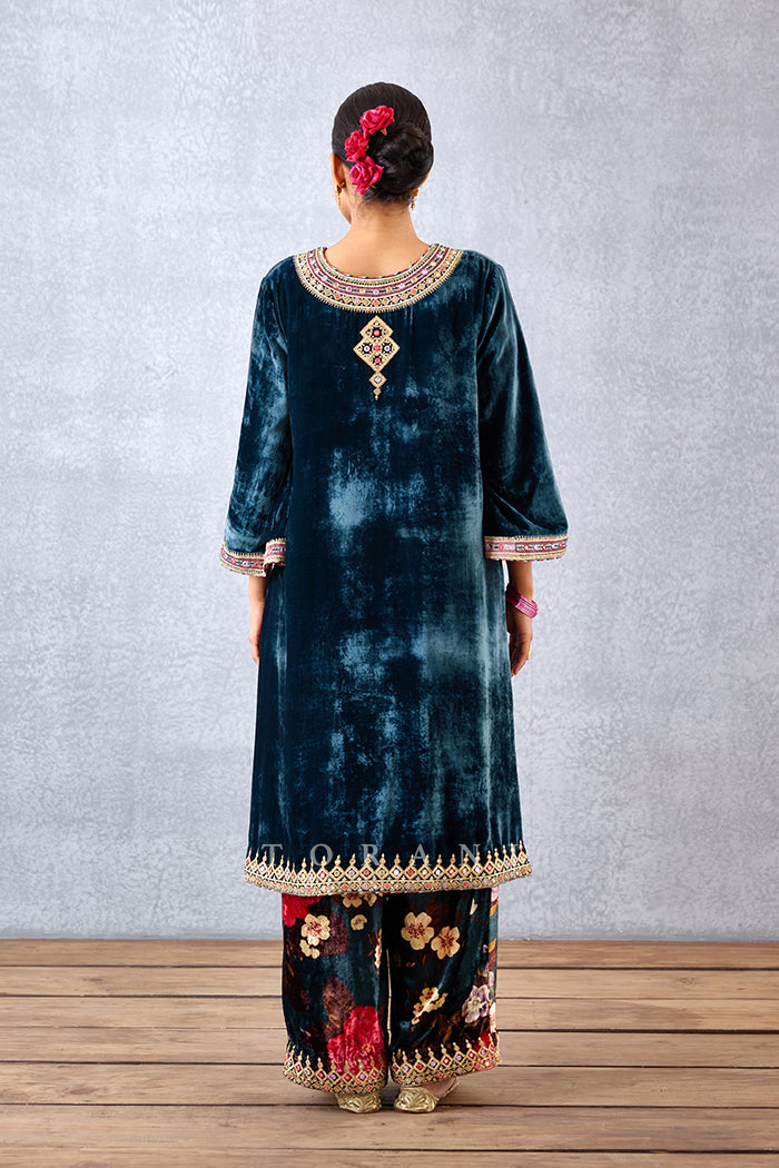 Navy Blue Kurta Pajama in Silk Velvet with Mirror Work Embroidered Yoke and Ghera Border