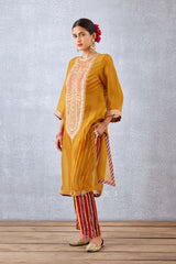 Yellow Sheer Silk Organza Kurta With Striped Printed Slip And Pants In Silk Velvet