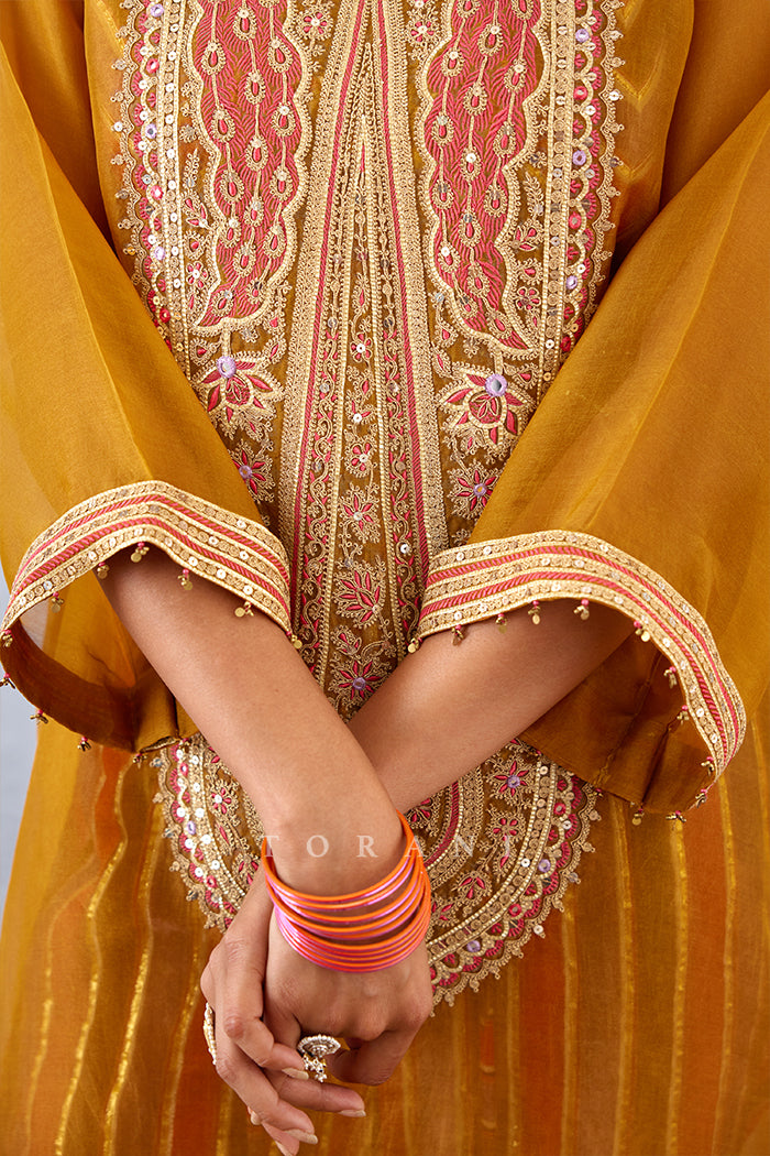 Ochre Yellow Sheer Silk Organza Kurta with wide sleeves