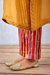 Ochre Yellow Sheer Silk Organza Kurta with Pants In Silk Velvet