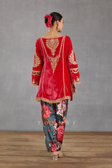 Fiery Pink Short Phiran Kurta Set in Silk Velvet with Gota Detailing & Zari Embroidery
