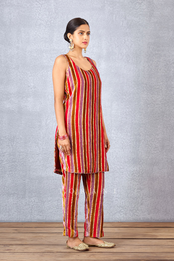 Sheer Silk Organza Kurta With Striped Printed Slip And Pants In Silk Velvet