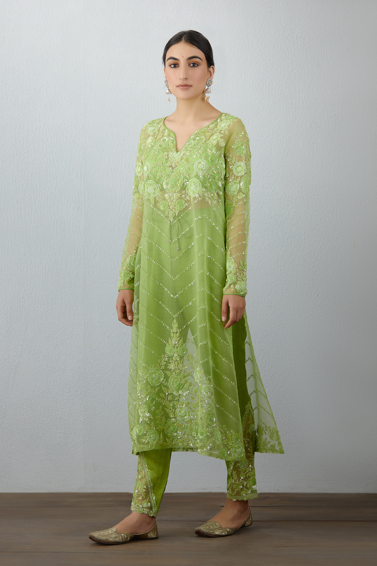 Embroidered Long Kurta Set in silk organza