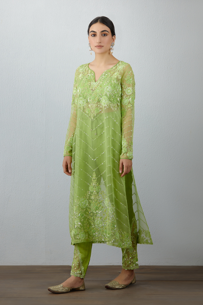 Embroidered Long Kurta Set in silk organza