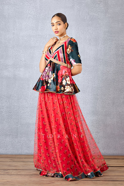 Silk Velvet Peplum Blouse with Fiery Pink Sheer Palazzo