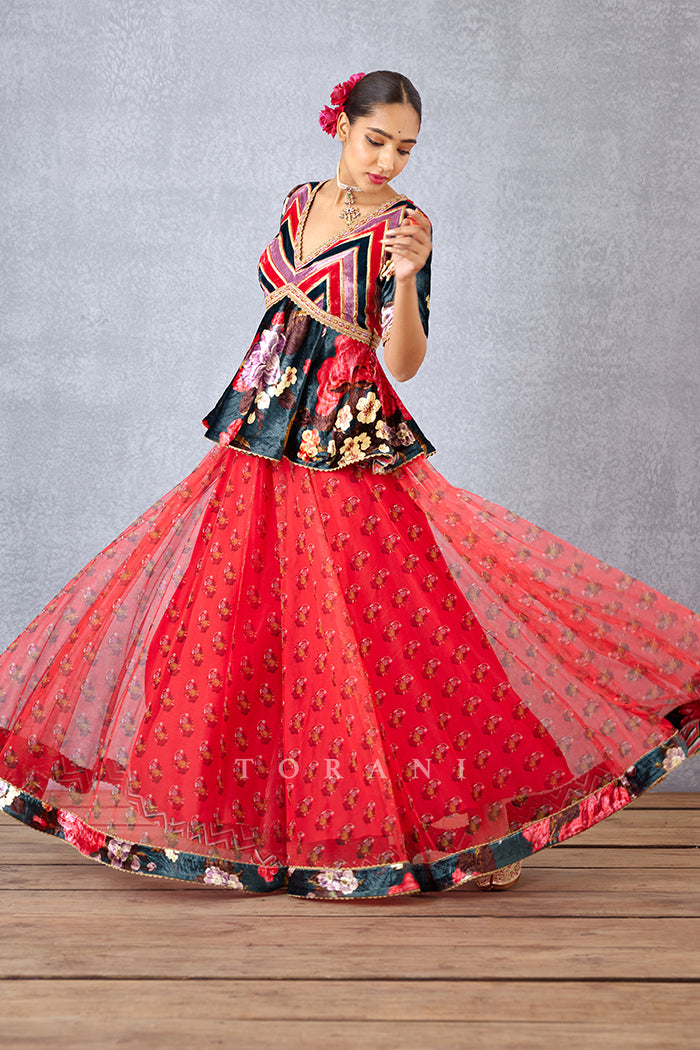 Navy Blue Silk Velvet Peplum Blouse with Fiery Pink Sheer Palazzo pant