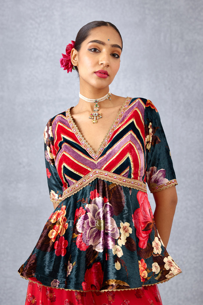 Navy Blue Silk Velvet Printed Peplum Blouse