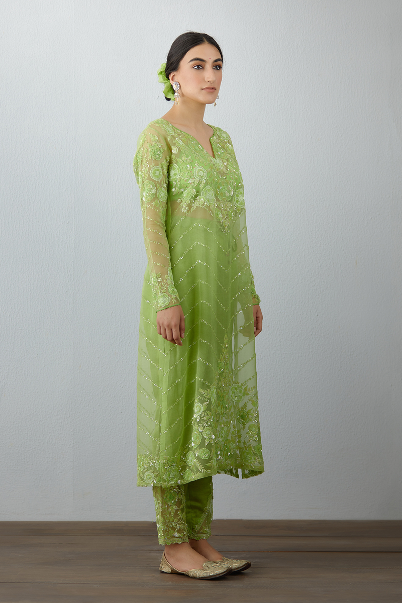 Long Green Kurta Set with aari work & hand embroidery on silk organza