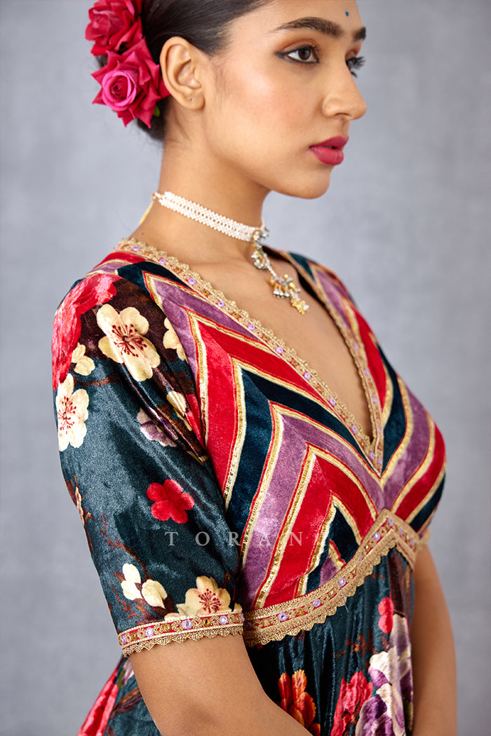 Navy Blue Silk Velvet Peplum Blouse by Torani