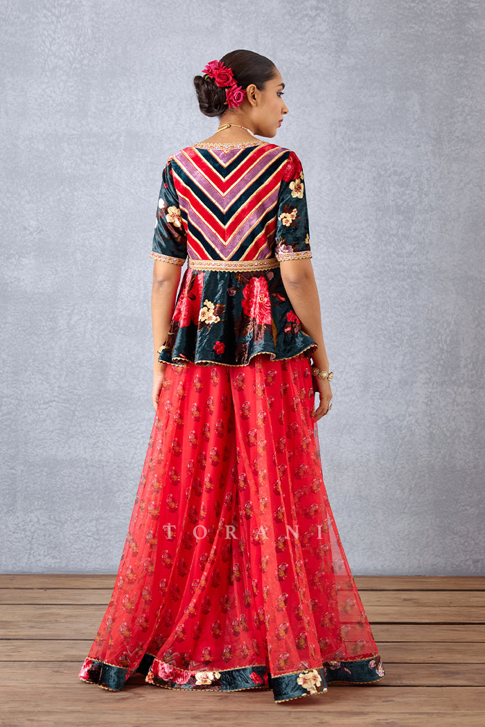 Navy Blue Silk Velvet Peplum Blouse with Fiery Pink Sheer Palazzo