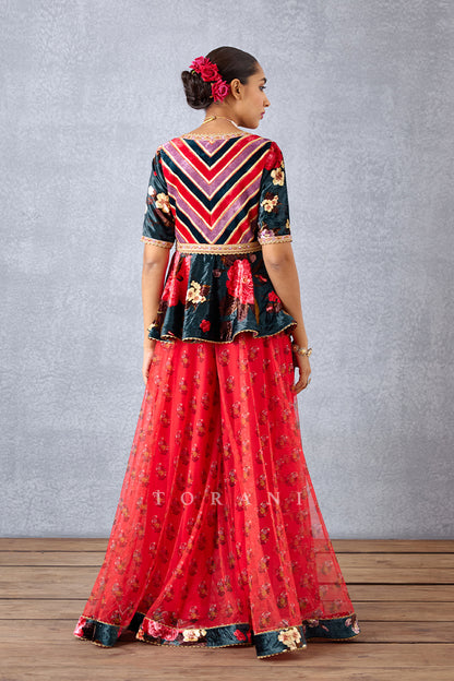 Navy Blue Silk Velvet Peplum Blouse with Fiery Pink Sheer Palazzo