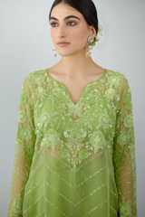 Green Kurta Set in luxurious silk organza with Aari work