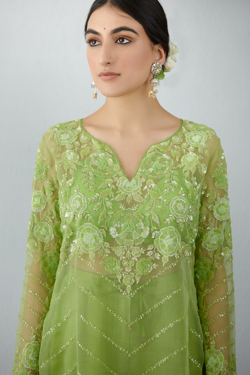Green Kurta Set in luxurious silk organza with Aari work