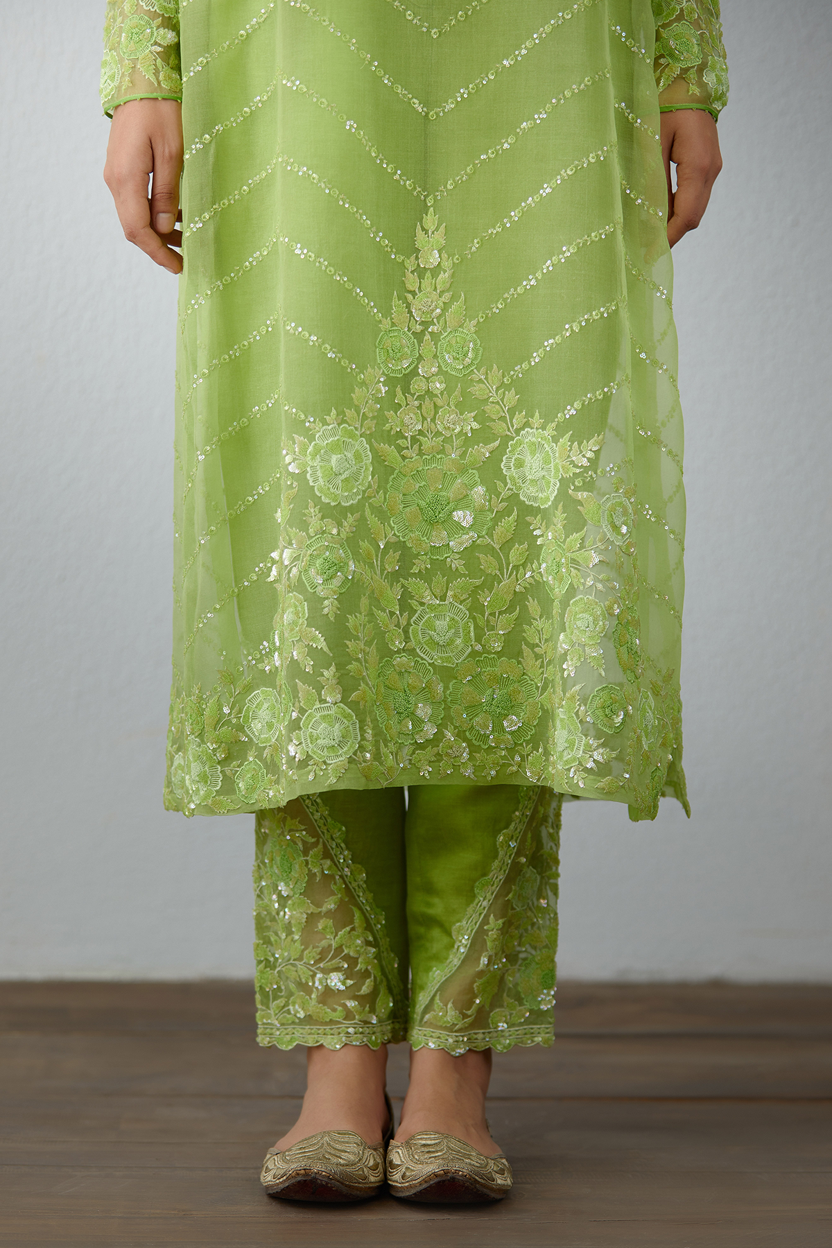 Fully embroidered green long kurta set by Torani
