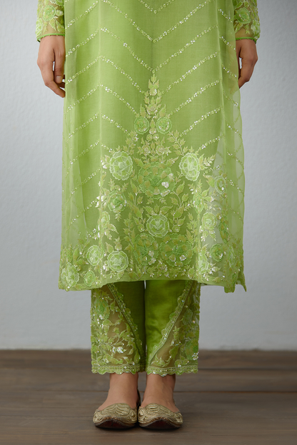 Fully embroidered green long kurta set by Torani
