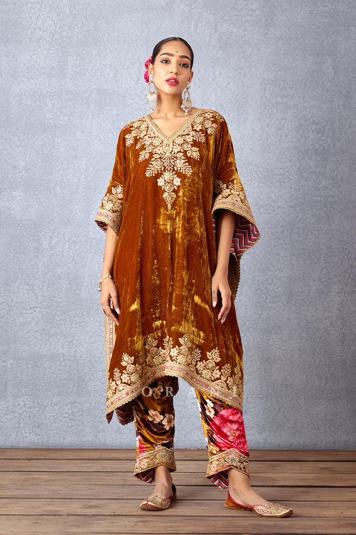 Ochre Yellow Free Styled Kaftan Having Heavy Embroidered Yoke along with Straight Cut Fit Pants in Silk Velvet