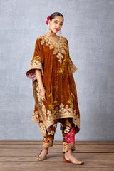 Ochre Yellow Free Styled Kaftan Having Heavy Embroidered Yoke with Straight Cut Fit Pants in Silk Velvet