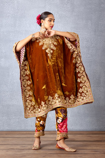 Ochre Yellow Kaftan Having Heavy Embroidered Yoke with Straight Cut Fit Pants in Silk Velvet