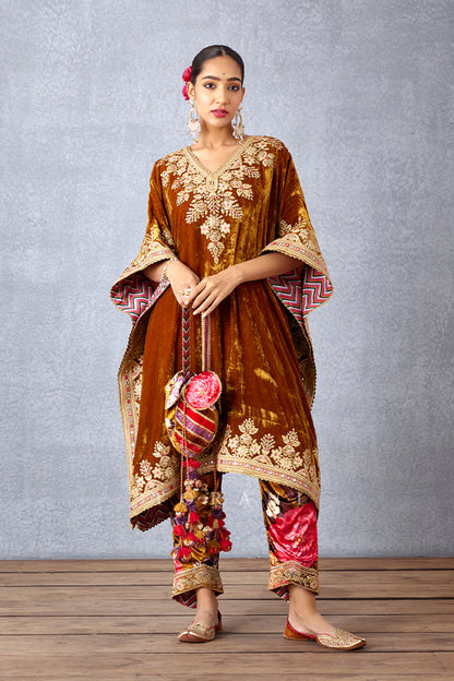 Silk Velvet Kaftan with Pants having Hand Adda Work
