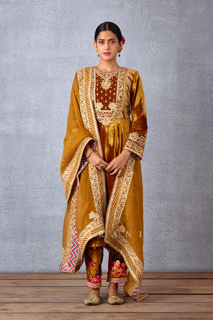 Ochre Yellow Front and Back Hand Embroidered Yoke Kurta in Silk Velvet