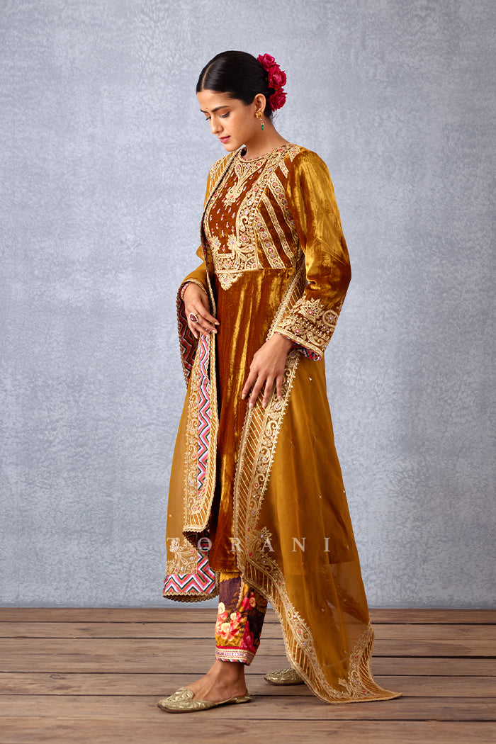 Ochre Yellow Front and Back Hand Embroidered Yoke Kurta set in Silk Velvet