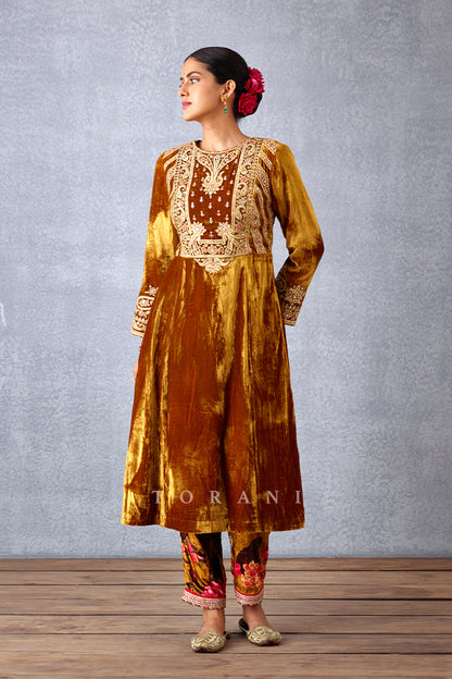 Ochre Yellow Hand Embroidered Yoke Kurta set in Silk Velvet