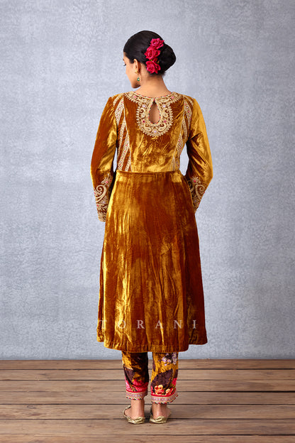 Ochre Yellow Hand Embroidered Yoke Kurta with Pants in Silk Velvet